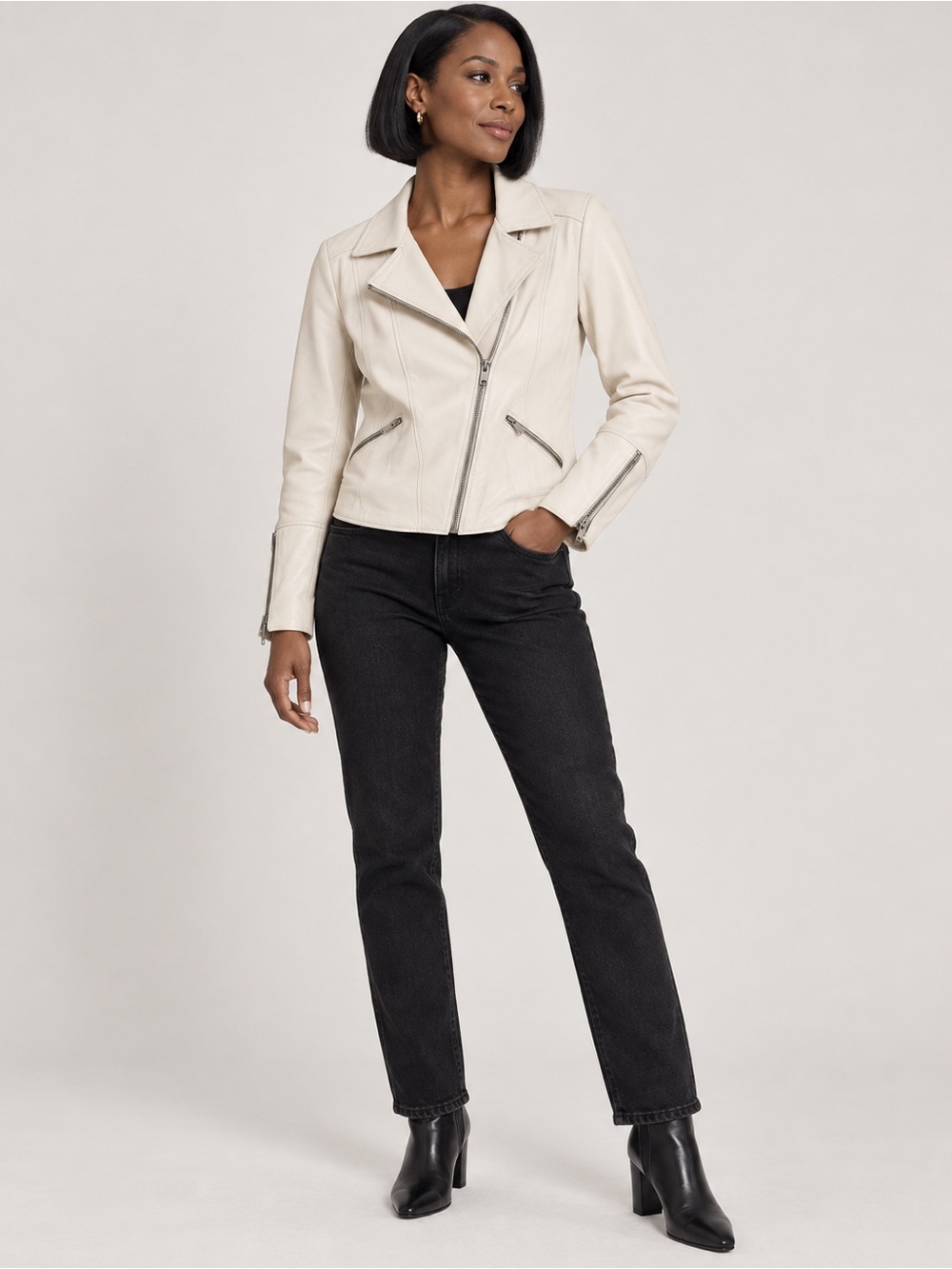 Danier Genuine Leather Moto Jacket – Ivory – Women's M